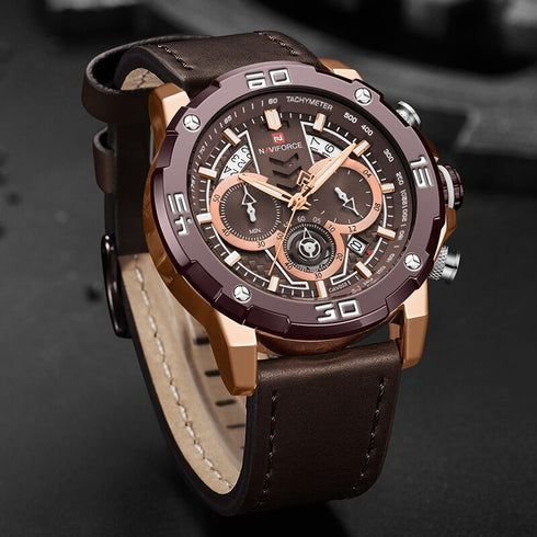 Naviforce Masculine - Classic Rose Gold & Brown - Men's Watch - Chronograph - Genuine Leather - 1 Year Warranty! - Water Resistant!