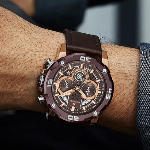 Naviforce Masculine - Classic Rose Gold & Brown - Men's Watch - Chronograph - Genuine Leather - 1 Year Warranty! - Water Resistant!