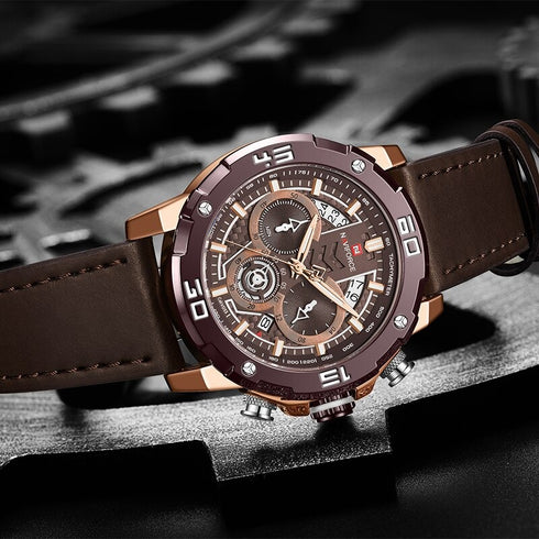 Naviforce Masculine - Classic Rose Gold & Brown - Men's Watch - Chronograph - Genuine Leather - 1 Year Warranty! - Water Resistant!