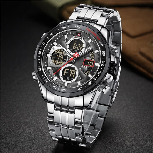 Naviforce Legend - Men's Watch - Digital + Analog - Classic Black & Silver - 1 Year Warranty! - Free Box Packaging!