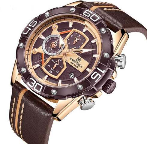 Naviforce Legend - Men's Watch - Rose Gold Plated - Chronograph - Genuine Leather! - Water Resistant! - 1 Year Warranty!