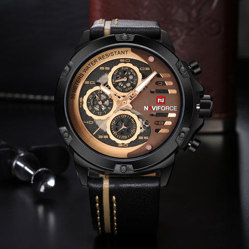 Naviforce Italia - Men's Watch - Classic Brown & Black - Chronograph - Genuine Leather! - Water Resistant! - 1 Year Warranty!
