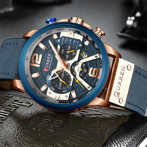 Curren Men's! - Modern Blue & Rose Gold Chronograph! - Genuine Ultrasoft Leather! - Water Resistant! - 1 Year Warranty!