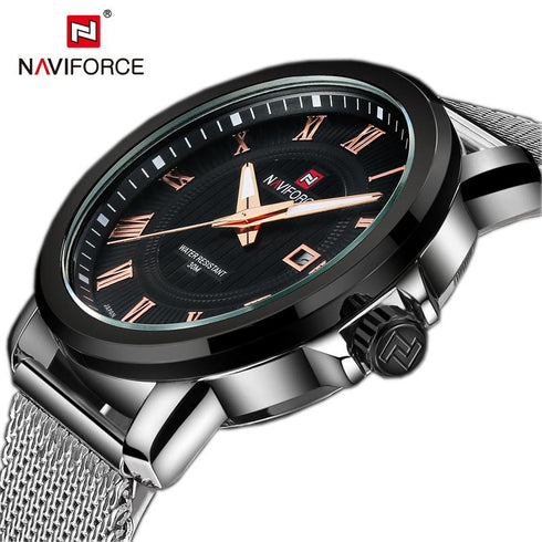 Naviforce Black & Steel! – Rose Gold Roman Numbers! – Adjustable Steep Strap! – 1 Year Warranty!