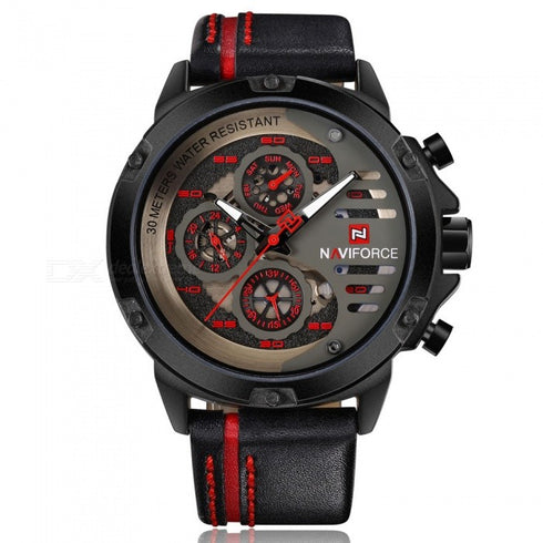 Naviforce Italia - Men's Watch - Red & Black - Chronograph - Genuine Leather! - Water Resistant! - 1 Year Warranty!