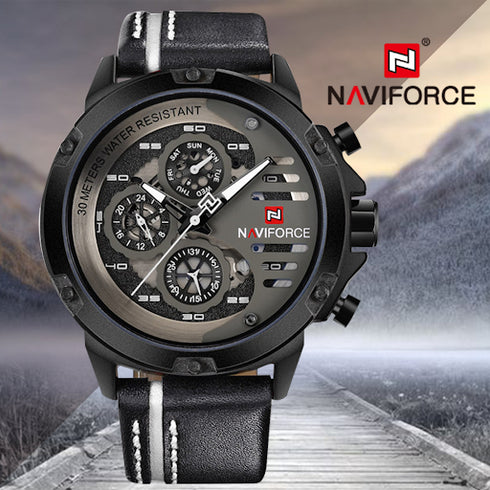 Naviforce Italia - Men's Watch - Black & White - Chronograph - Genuine Leather! - Water Resistant! - 1 Year Warranty!